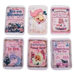 Set Of 6! Vintage Retro Dollhouse Miniature Wood Pink Christmas Signs